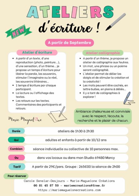 Ateliers d'écriture et de calligraphie en Beaujolais à partir de la rentrée de septembre 2023 !