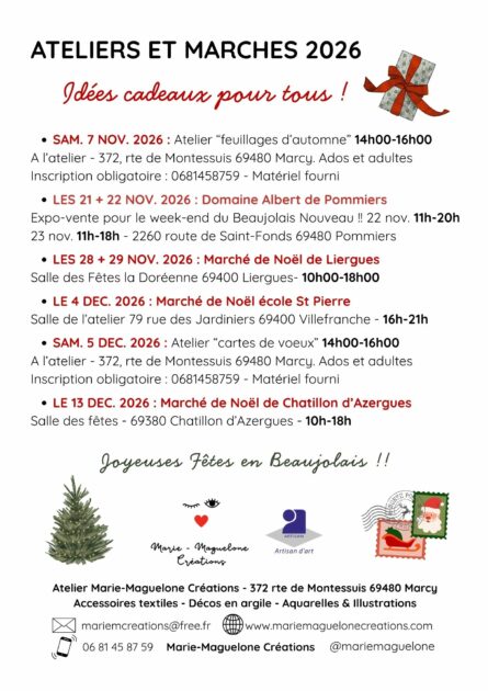 Planning Novembre et Décembre 2026 - Marie-Magueloen Créations
